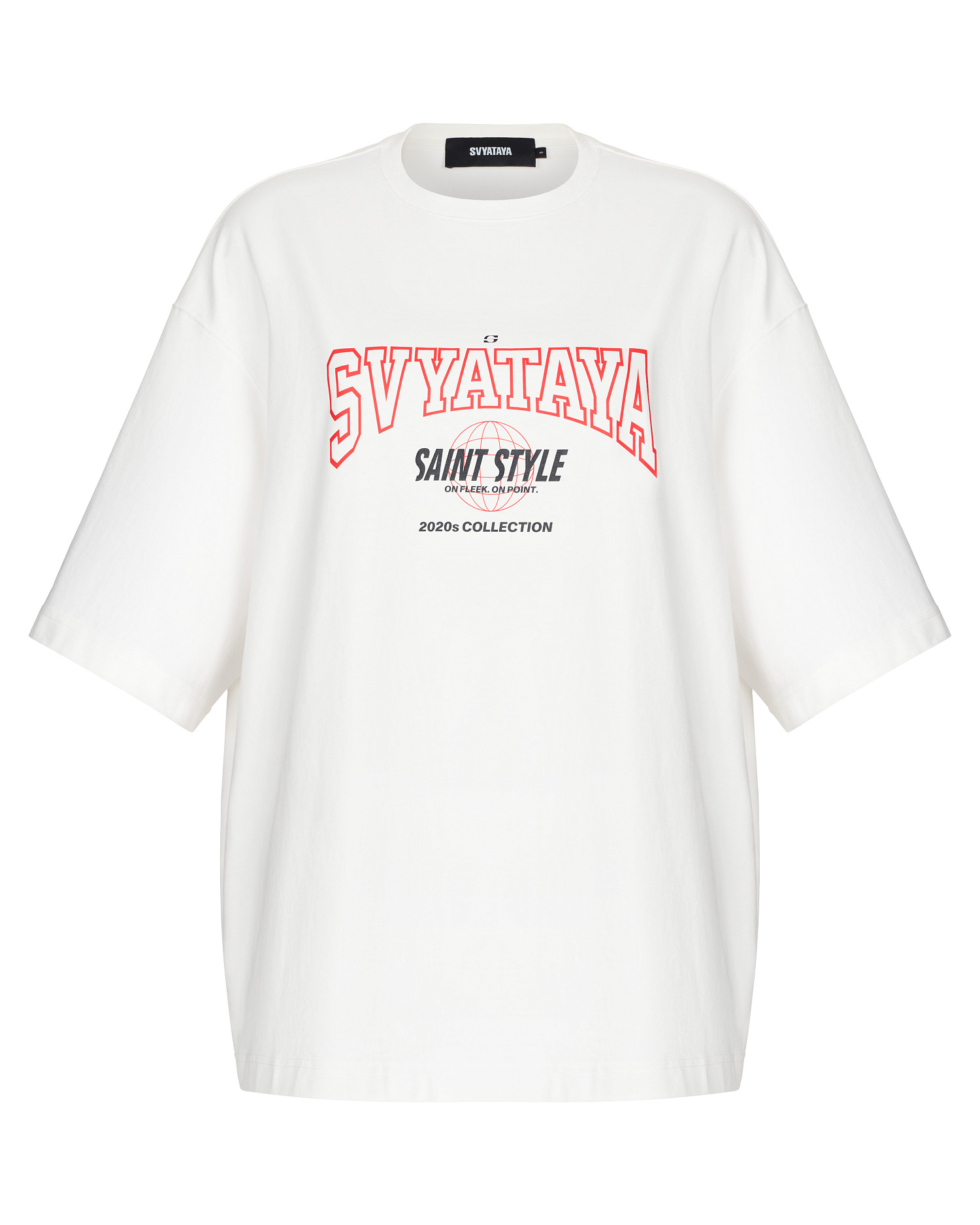 Футболка oversize с красным принтом, молочный - Фото 2